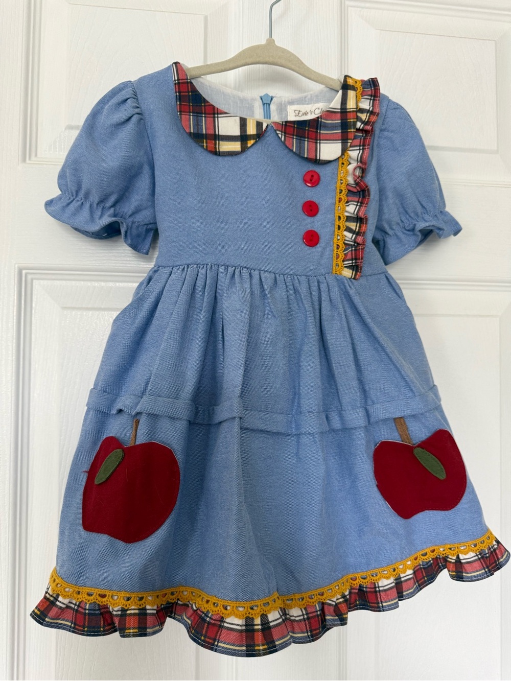 Blue Apple Appliqué Girls' Dress with Plaid Trim